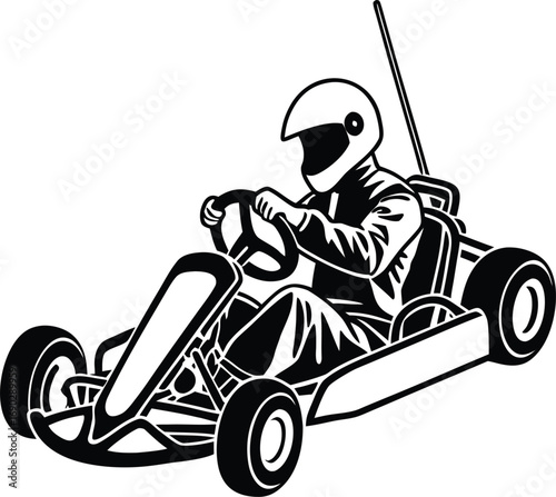 Go kart racer wearing helmet driving fast on track