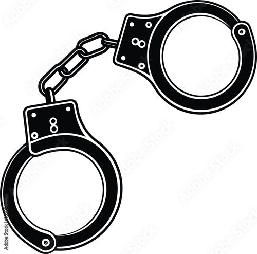 Black and white illustration of metal handcuffs on a white background