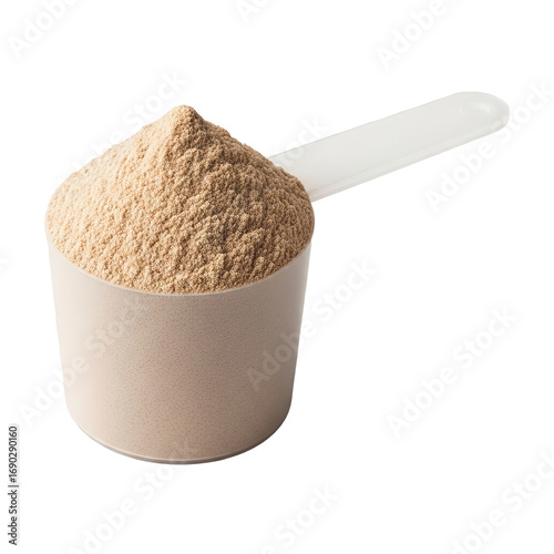 Photo of a white plastic scoop filled with a light brown powder, likely protein powder or supplement, isolated on transparent background