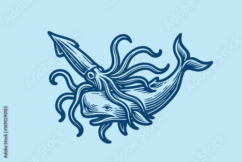 Whale and squid engraving style sketch vector illustration