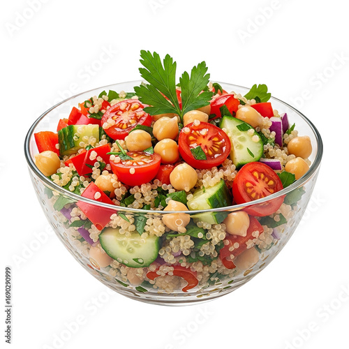 Photo of healthy quinoa salad with chickpeas, cucumber, tomatoes, bell peppers, and fresh parsley, served in a glass bowl, isolated on transparent background