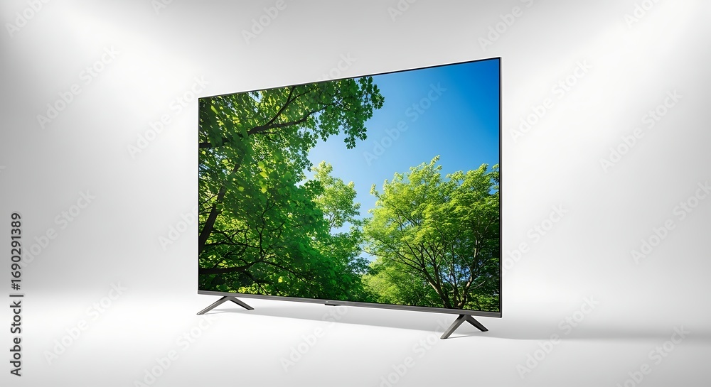 Fototapeta premium Modern television displaying lush green forest landscape against a clear blue sky