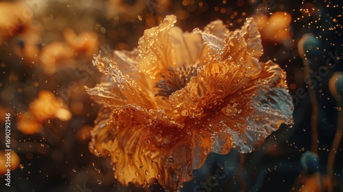 Close-up of a vibrant orange flower with water droplets, set against a blurred background of similar blooms.
