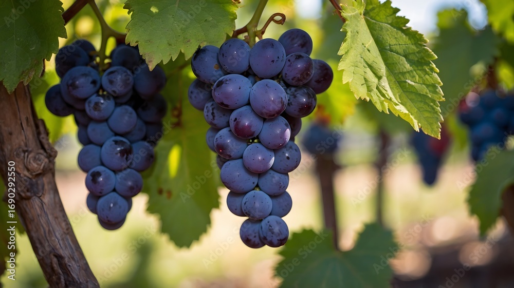 Fototapeta premium Ripe Red Grapes Hanging on the Vine in a Lush Vineyard