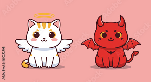 Illustration of a Cat with Angel and Devil Themes