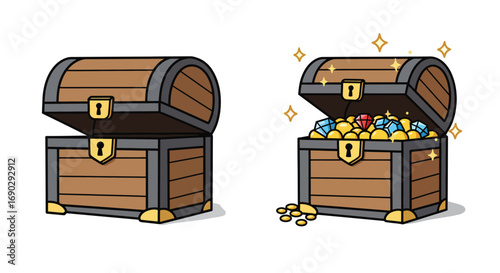 Illustration of an Open Treasure Chest with and Without Treasure