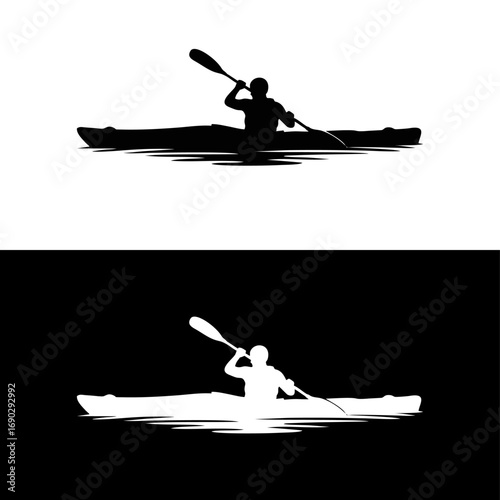 Monocolor vector silhouette of a kayaker paddling, simple silhouette