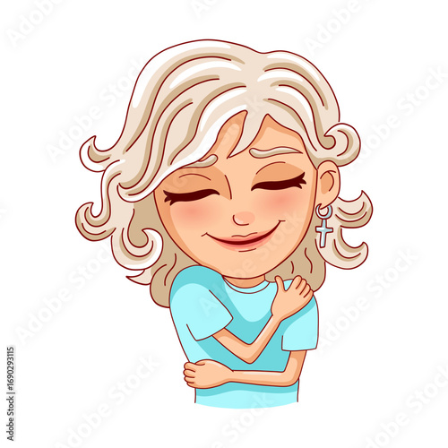Female person hugs herself. Hug you. Love yourself. Vector illustration.