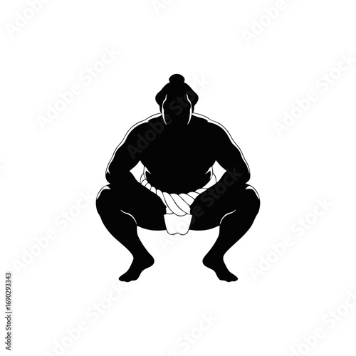 Monocolor vector silhouette of a sumo wrestler squatting, minimal vector