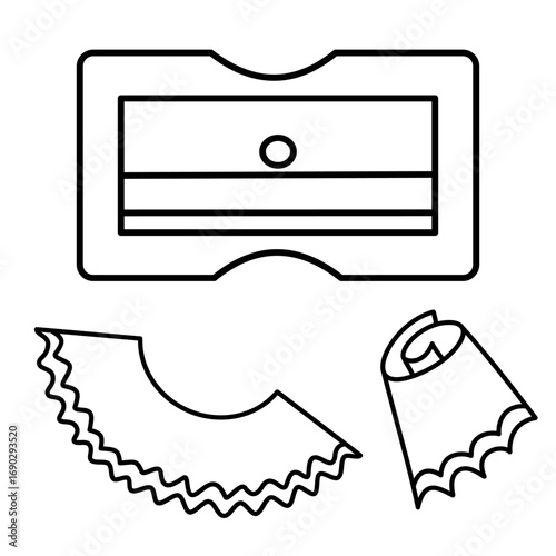 Pencil sharpener and pencil shavings cartoon illustration lineart. Back to school supplies clipart in black and white