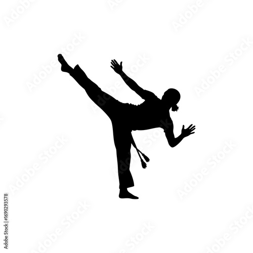 Monocolor vector silhouette of a capoeira dancer kicking, minimal pose