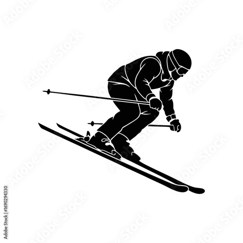 Monocolor vector silhouette of a skier mid downhill, clean shape