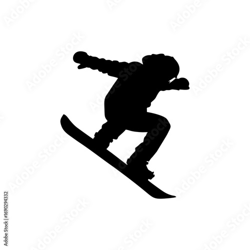 Monocolor vector silhouette of a snowboarder jumping, simple pose