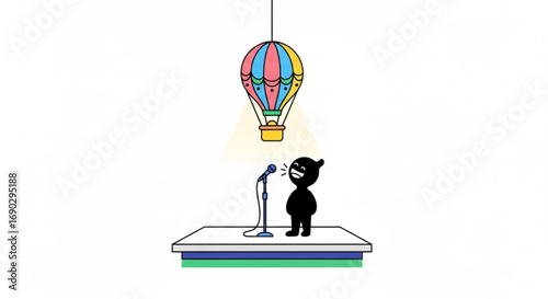 Cartoon character singing on stage with microphone