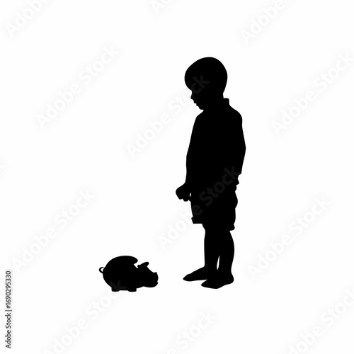 Silhouette of a boy looking at a broken piggy bank isolated on white background