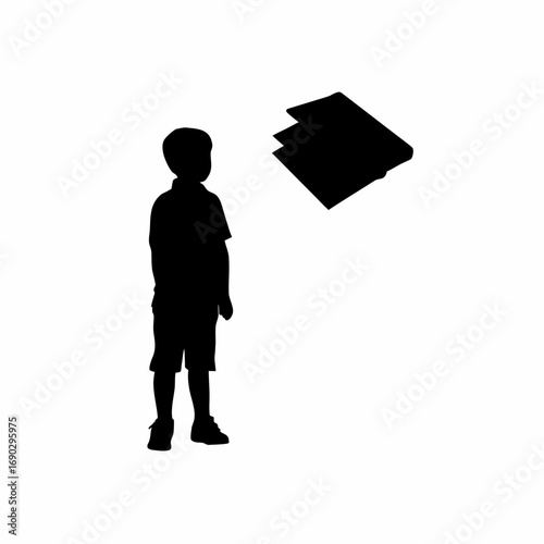 Silhouette of a boy struggling to afford school books isolated on white background