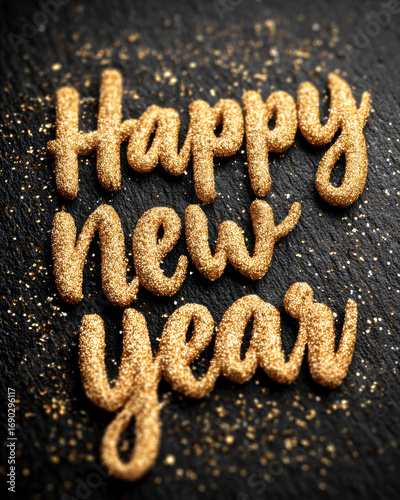 Happy New Year glitter text in bold gold sparkles on elegant black background, festive celebration, party, and holiday greeting design