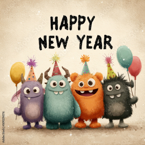 Cute furry monsters in party hats holding balloons and smiling, Happy New Year greeting on playful cartoon background, perfect for kids celebration