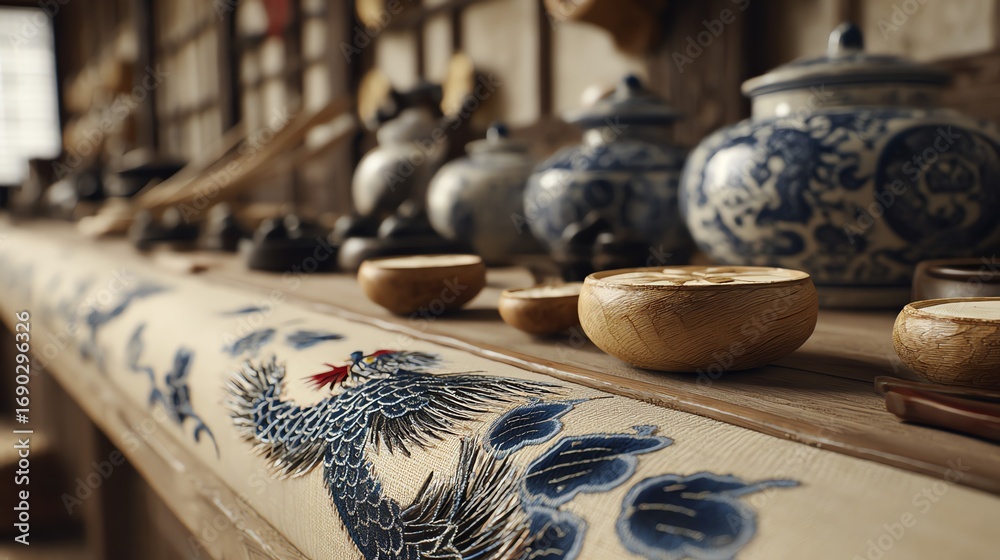 Fototapeta premium A serene still life depicts traditional ceramic vessels and wooden bowls arranged on a rustic table adorned with an intricately embroidered textile runner, evoking a sense of calm and cultural