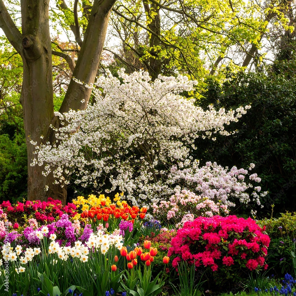 Obraz premium Spring garden display of colorful flowers and trees