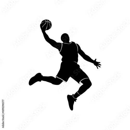 Monocolor vector silhouette of a basketball player slam dunk, minimal style