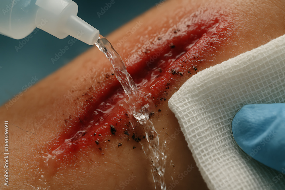 Fototapeta premium Macro shot of a bleeding wound being cleaned with antiseptic solution and sterile gauze, demonstrating proper first aid and wound care procedure.