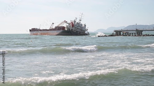 The merchant ship “Guang Rong” carrying materials from the Carrara quarries hit the pier in Marina di Massa, Italy