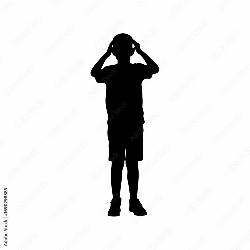 Fototapeta premium Silhouette of a boy thinking with hands on head isolated on white background