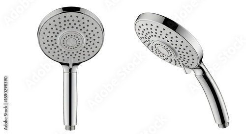 Two views of a modern chrome handheld shower head with multiple spray settings isolated on a white background.