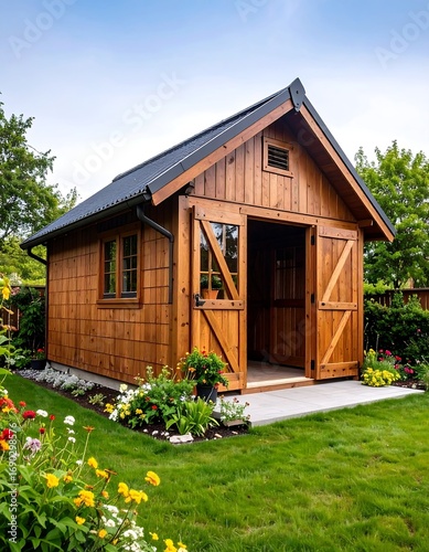 Wooden garden shed in a yard