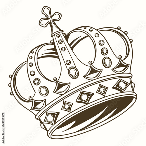 Vector art of detailed line art illustration of a royal crown, emphasizing its elegant design and symbolic representation of authority, ideal for historical or regal themes