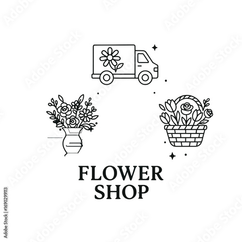 Black and white icon set featuring nature and text veen flowers shop 
