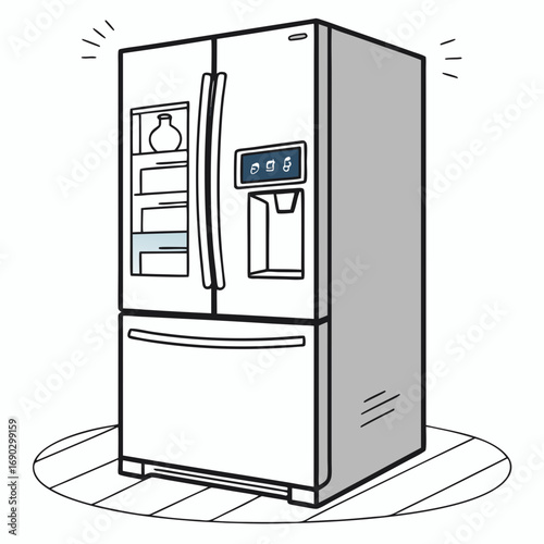 Illustration of a modern refrigerator with a water dispenser and digital display the fridge is shown in a cartoon style, perfect for a kitchen appliance ad