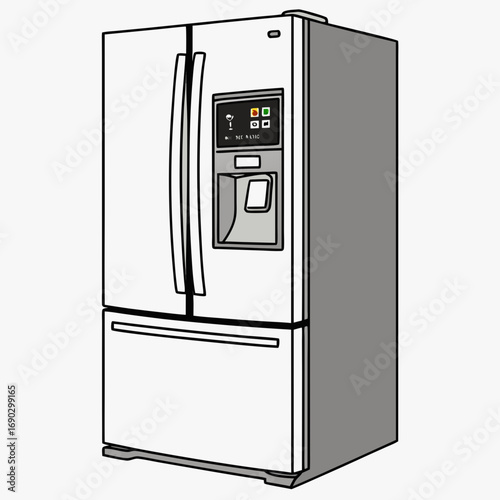 Illustration of a modern refrigerator with a water dispenser and digital display the fridge is shown in a cartoon style, perfect for a kitchen appliance ad