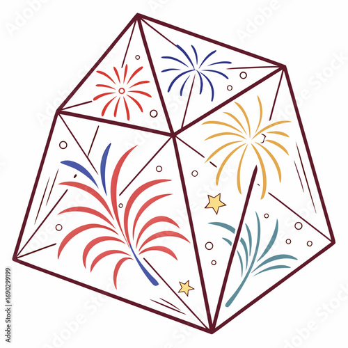 Vector art of a vibrant line art illustration showcasing a geometric terrarium filled with colorful fireworks, ideal for celebratory themes and artistic compositions