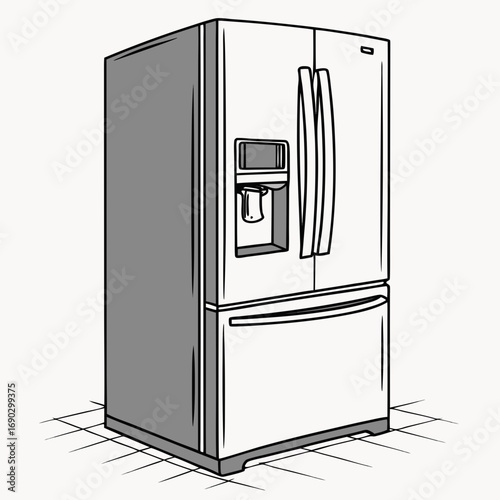 Illustration of a modern refrigerator with a water dispenser and freezer, showcasing its design and functionality