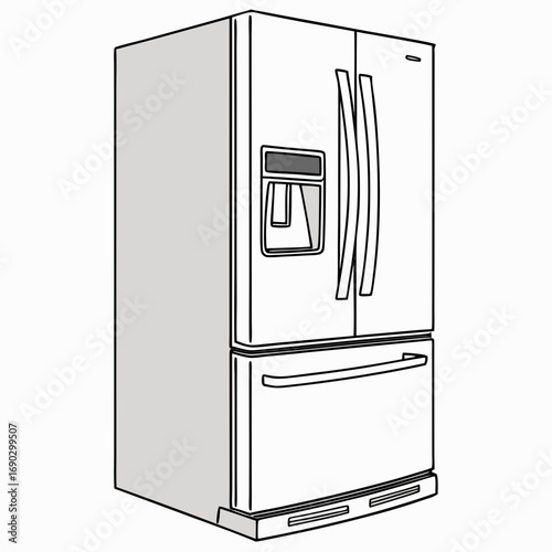 Illustration of a modern sidebyside refrigerator with a water and ice dispenser, the fridge is depicted in a minimalist style, showcasing its sleek design and functionality