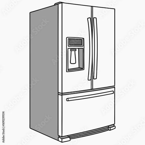 Illustration of a modern sidebyside refrigerator with a water and ice dispenser, the fridge is depicted in a minimalist style, showcasing its sleek design and functionality