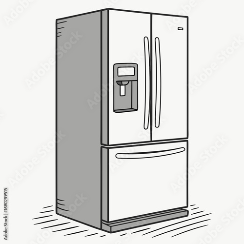 Vector art of side by side refrigerator with water and ice dispenser modern kitchen appliance for storing food and keeping it fresh and cool for longer time