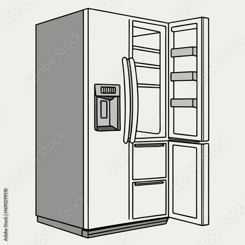 Illustration of a modern sidebyside refrigerator with the freezer door open, showcasing the interior shelves and drawers, the fridge is depicted in a minimalist style