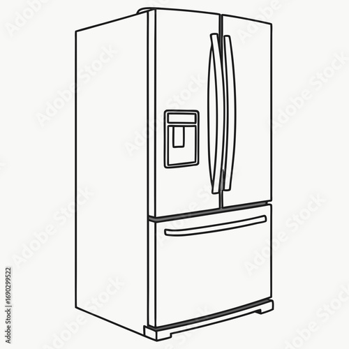Vector art of a minimalist line art illustration of a modern, stainless steel refrigerator with a water dispenser and freezer drawer, , showcasing its sleek design and functionality