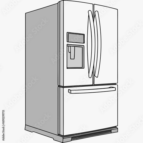 Illustration of a modern refrigerator with a sleek design, featuring a double door and a freezer drawer, a stylish and functional appliance
