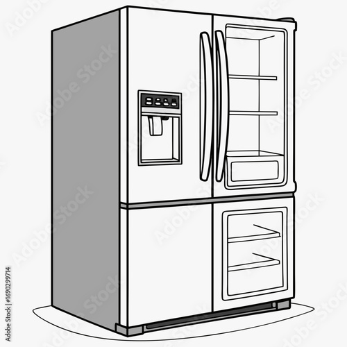 Illustration of a modern refrigerator with a double door and a freezer drawer, a stylish and functional appliance for any modern kitchen