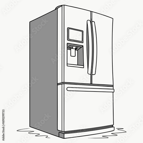Illustration of a modern refrigerator with a water dispenser and a bottom freezer, the fridge is shown in a simple, clean style, emphasizing its design