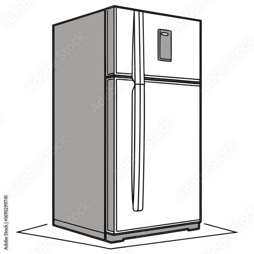 Illustration of a modern refrigerator, a common household appliance used for food storage and preservation, depicted in a minimalist line art style
