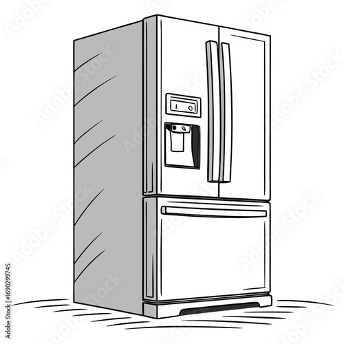 Illustration of a modern refrigerator, a common household appliance used for food storage and preservation, depicted in a minimalist line art style