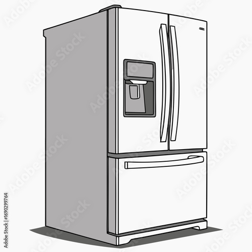Illustration of a modern refrigerator with a water dispenser and a bottom freezer, the fridge is shown in a sleek, contemporary design