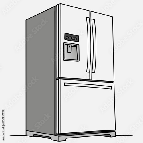 Illustration of a modern refrigerator, a common household appliance used for food storage and preservation, depicted in a minimalist line art style