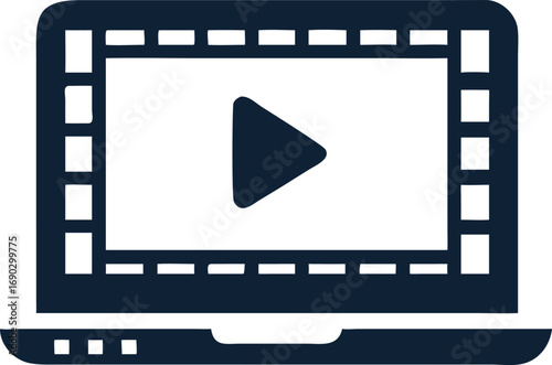 A black laptop screen features a play button with film strip borders around it