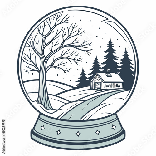 Vector art of enchanting snow globe illustration, depicting a tranquil winter landscape with bare trees, a quaint cottage, and a winding path, capturing the essence of a peaceful holiday retreat